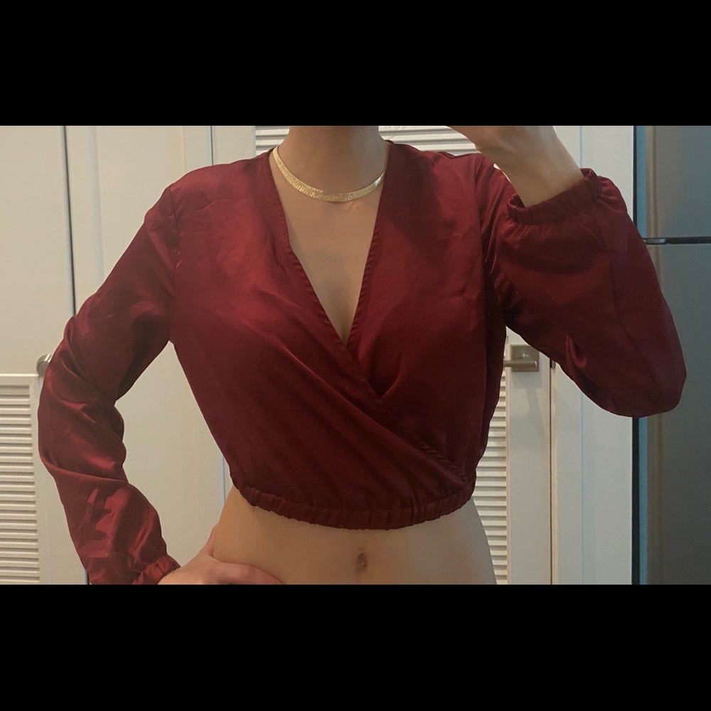 Misguided long sleeved, v neck crop top-burgundy